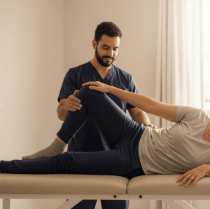 Paciente em recuperação após cirurgia de quadril em Goiânia, seguindo cuidados pós-operatórios com orientação médica.