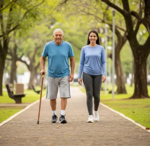 Idoso caminhando com apoio em parque de Goiânia após recuperação de cirurgia de quadril.
