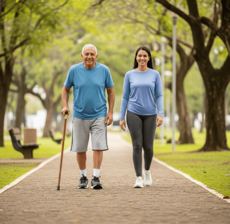 Idoso caminhando com apoio em parque de Goiânia após recuperação de cirurgia de quadril.
